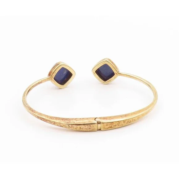 925 Sterling Silver Vintage Bracelet Gold Parted Lapis Lazuli Ended Cuff BT11337 - Picture 6 of 9